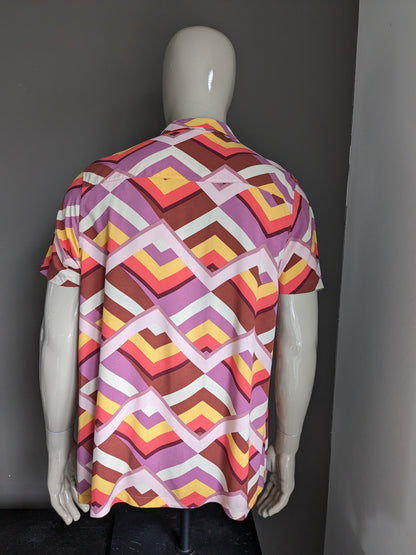 Asos design overhemd korte mouw. Paars bruin geel roze 70's print. Viscose. Maat XL.