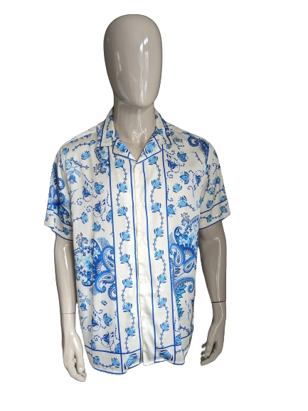 Asos Design overhemd korte mouw. Beige blauwe bloemen print. Maat XL.