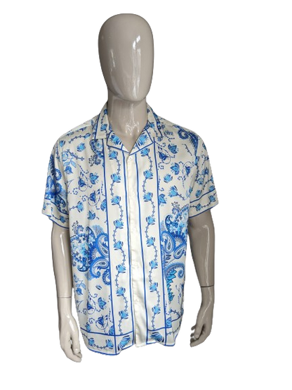 Asos Design overhemd korte mouw. Beige blauwe bloemen print. Maat XL.