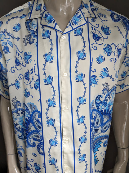 Asos Design overhemd korte mouw. Beige blauwe bloemen print. Maat XL.
