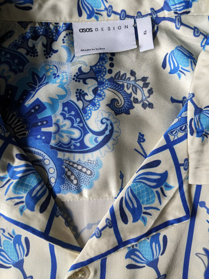 Asos Design overhemd korte mouw. Beige blauwe bloemen print. Maat XL.
