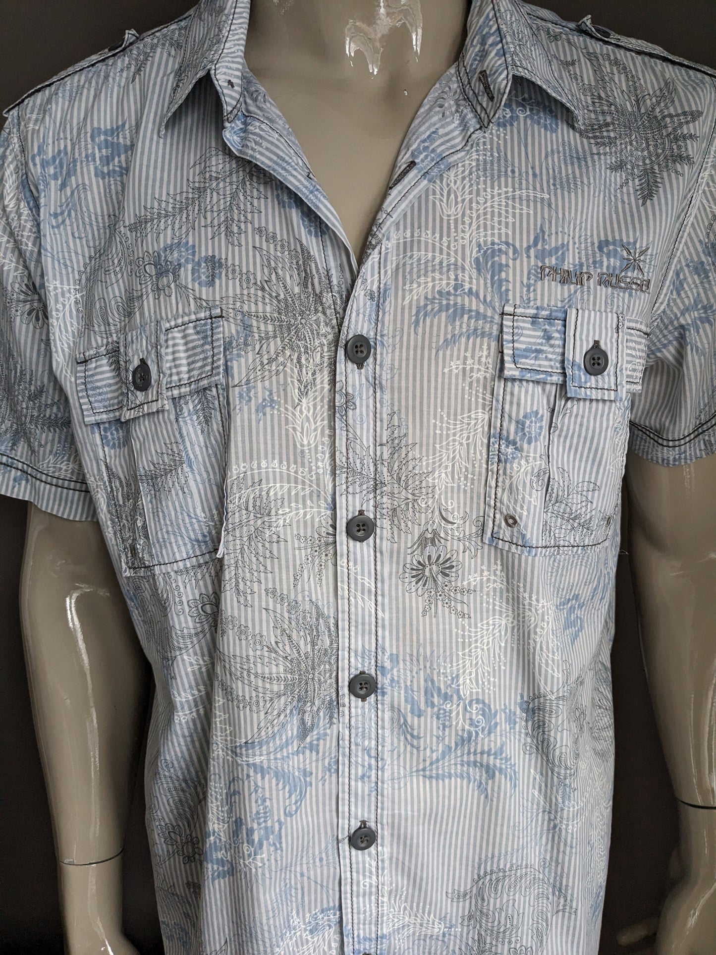 Philip Russel camisa manga corta. Impresión gris azul. Tamaño xl.