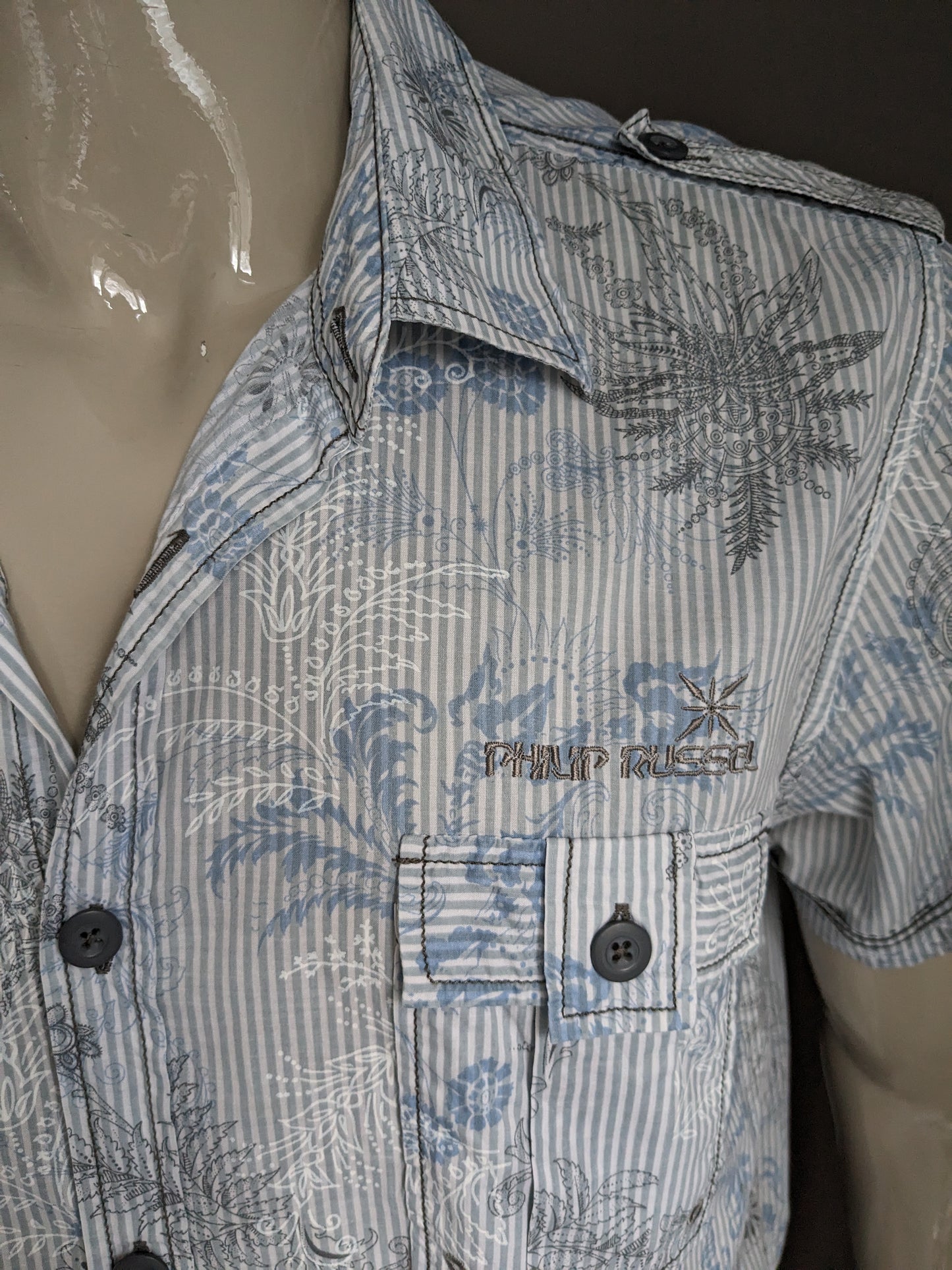 Philip Russel overhemd korte mouw. Blauw grijze print. Maat XL.