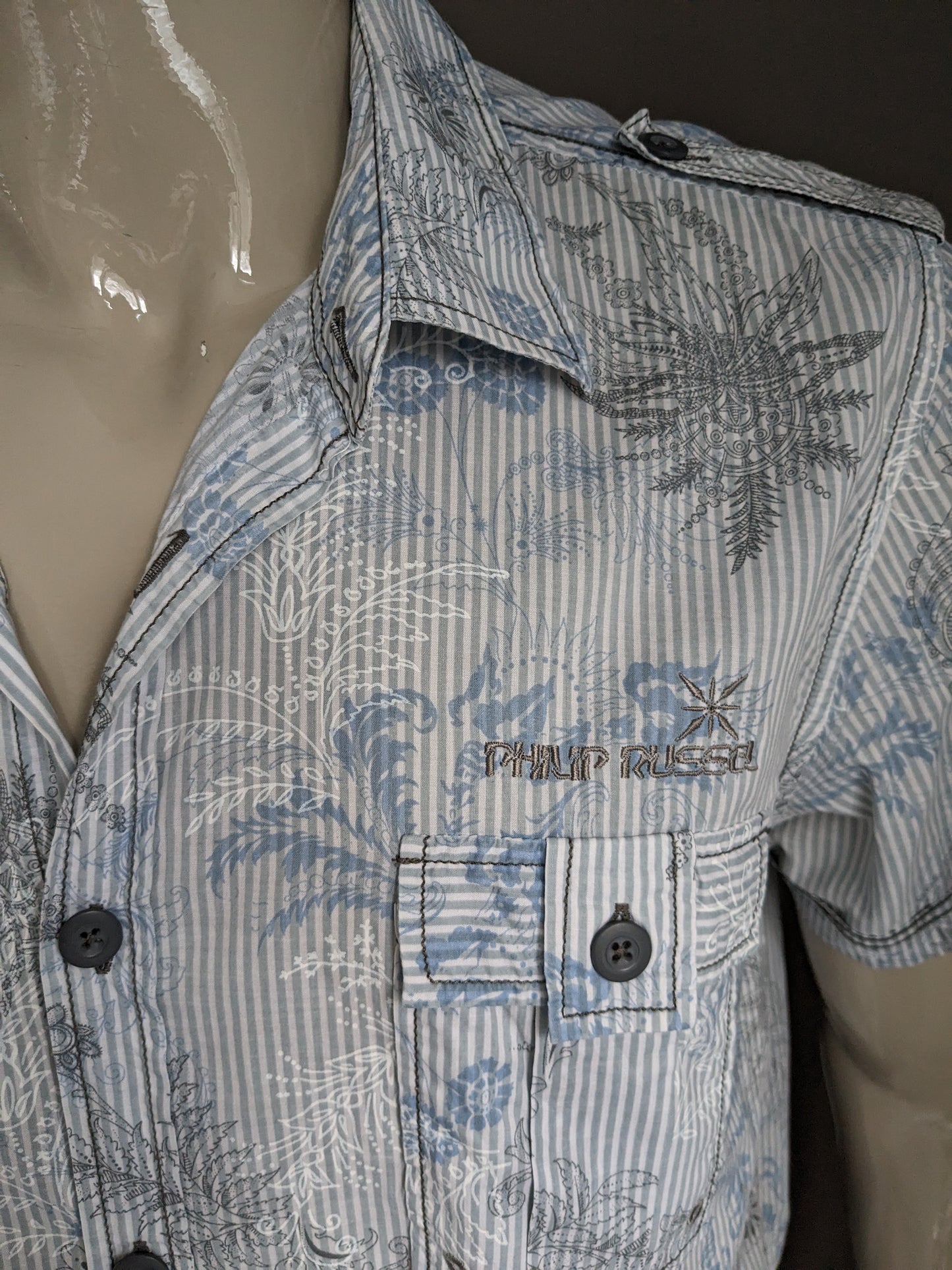 Philip Russel short sleeve shirt. Blue gray print. Size XL.