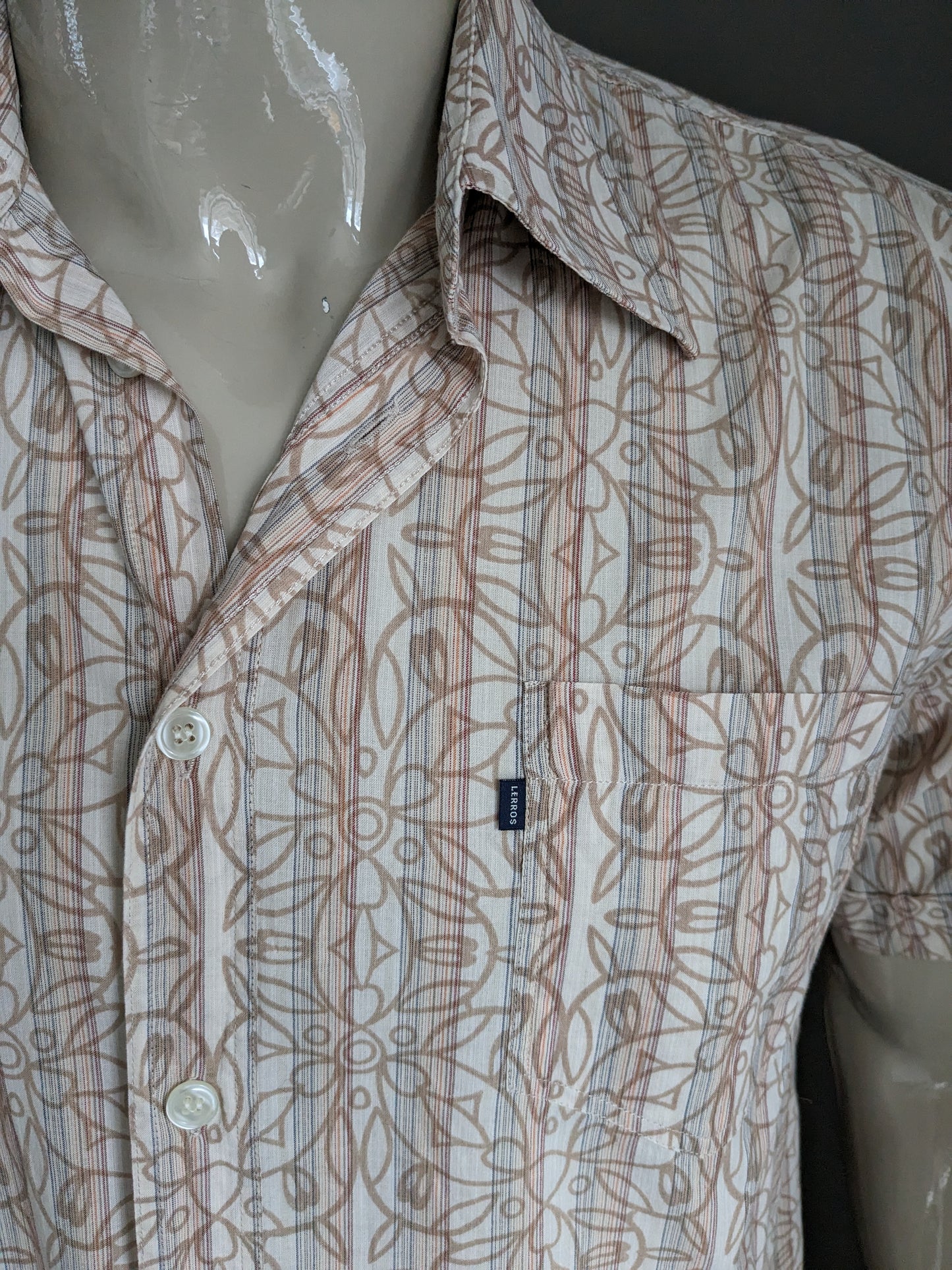 Lerros shirt short sleeve. Light brown floral print / striped. Size XL.