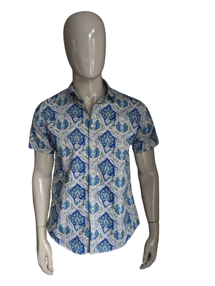 Hotouch overhemd korte mouw. Blauw groen beige print. Maat M.