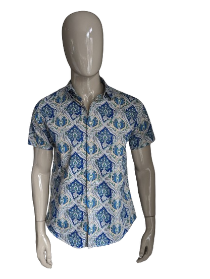 Hotouch overhemd korte mouw. Blauw groen beige print. Maat M.