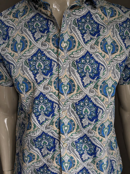 Hotouch overhemd korte mouw. Blauw groen beige print. Maat M.