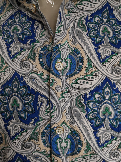 Hotouch overhemd korte mouw. Blauw groen beige print. Maat M.