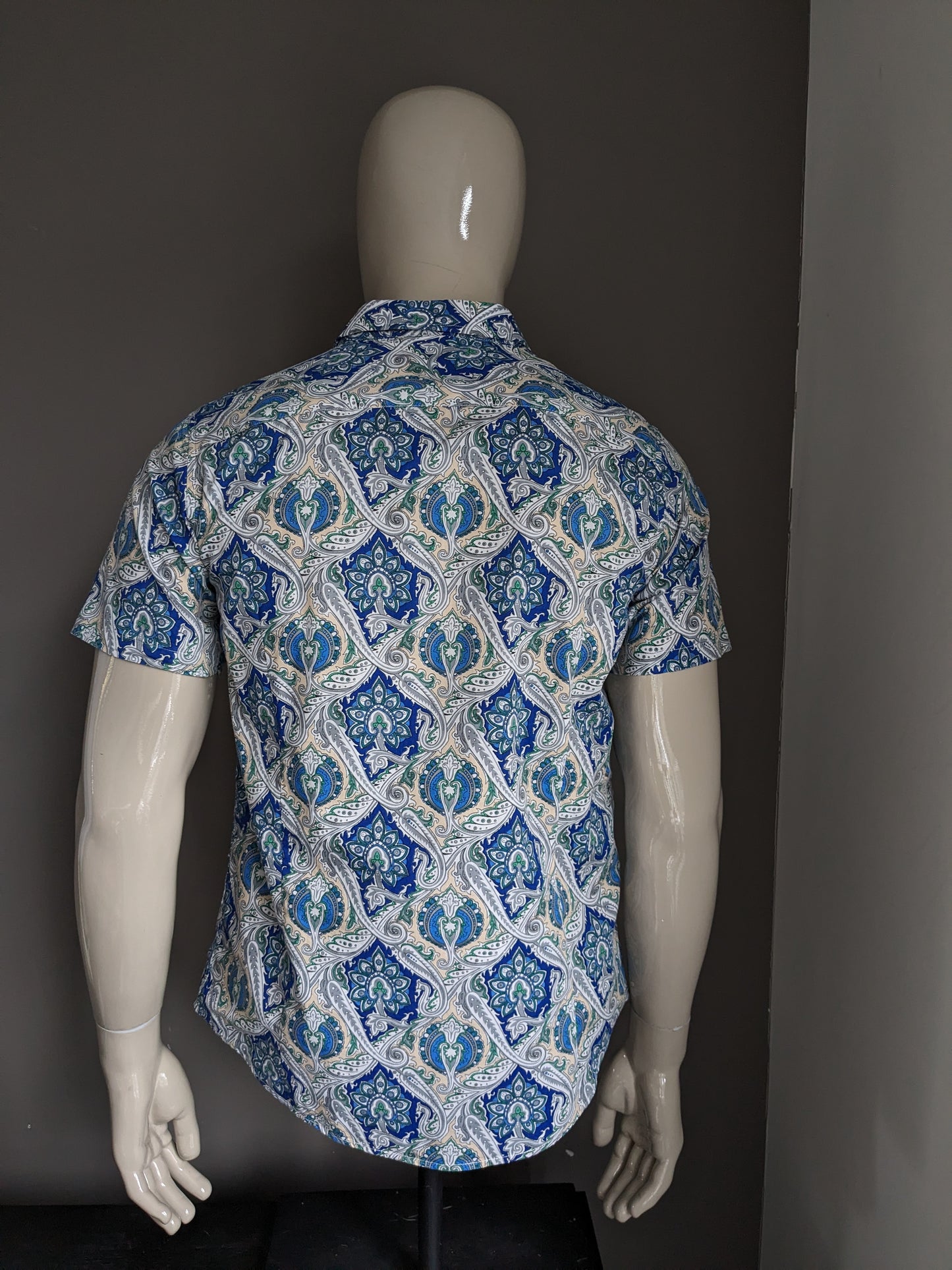Hotouch overhemd korte mouw. Blauw groen beige print. Maat M.