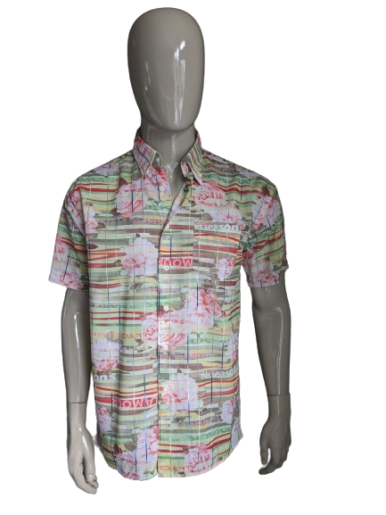 Palazzo shirt short sleeve. Yellow green red flowers print. Square buttons. Size M / L.
