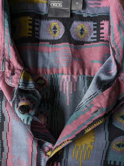Asos short sleeve shirt. Purple gray green print. 52% viscose. Size M/L.