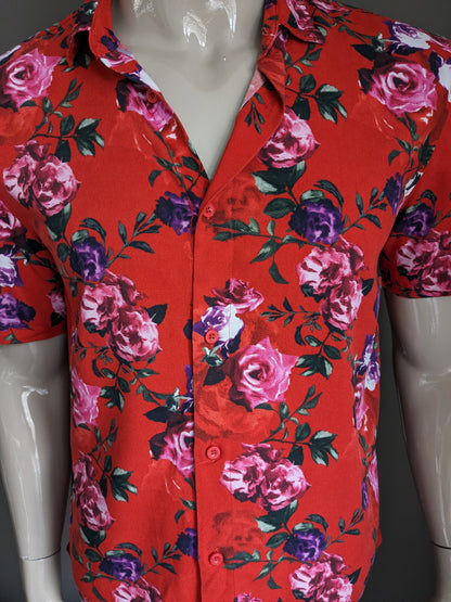 Siksilk overhemd korte mouw. Rood roze paarse bloemen print. Viscose. Maat M.