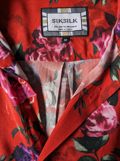 Siksilk overhemd korte mouw. Rood roze paarse bloemen print. Viscose. Maat M.
