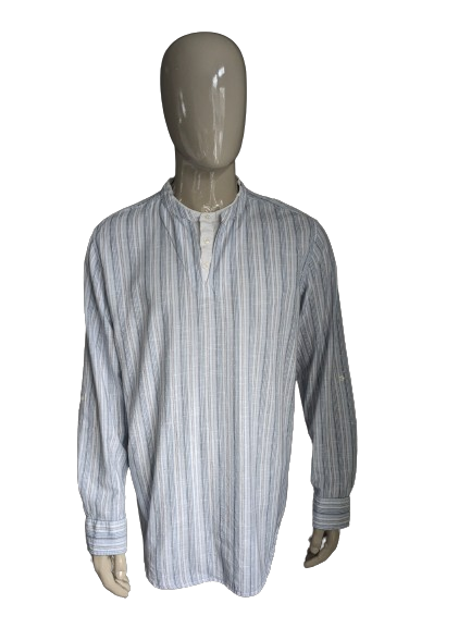 Vintage Cherokee overhemd / shirt met Mao / opstaande kraag. Blauw wit grijs gestreept. Maat XL.