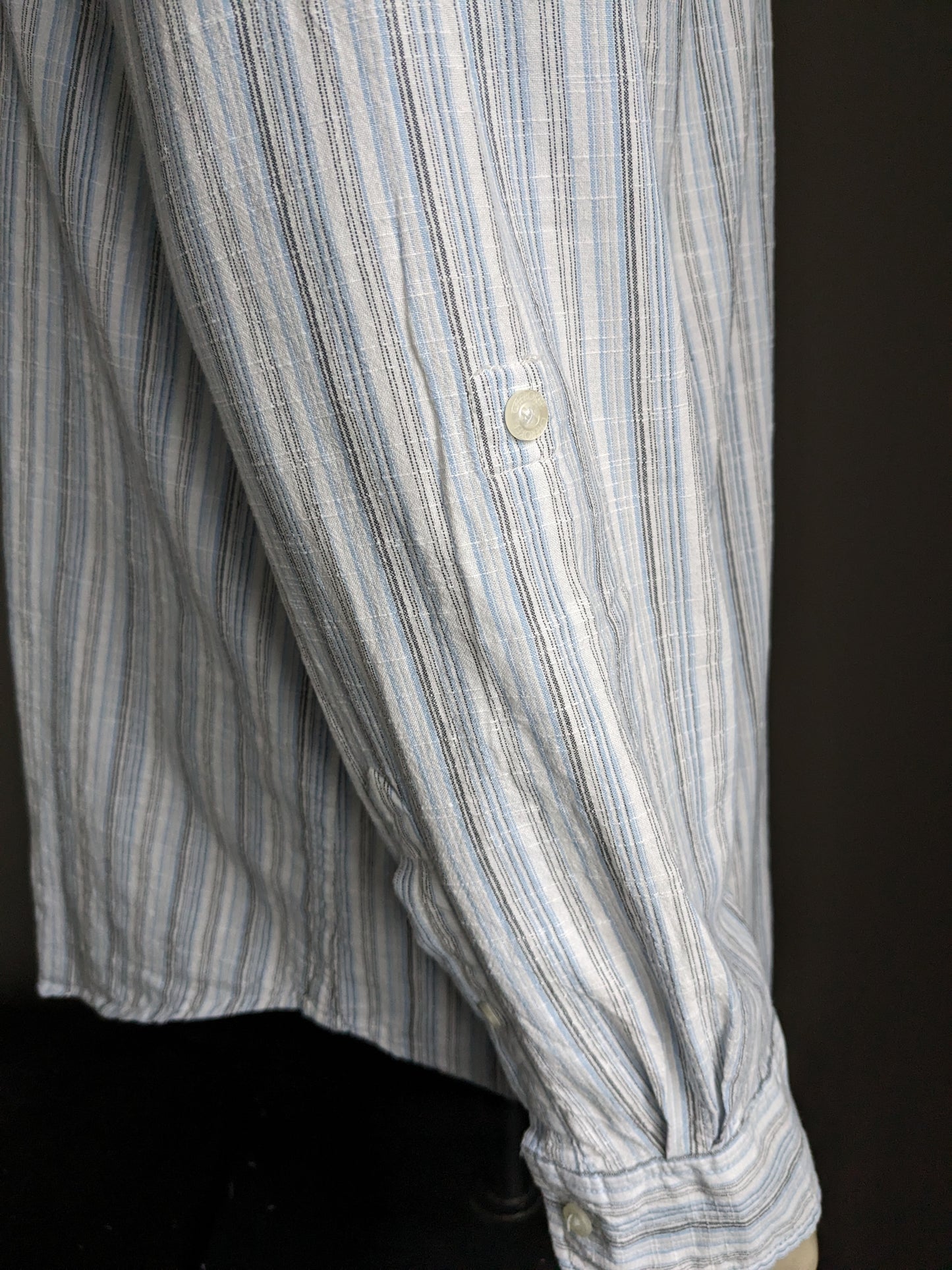 Camicia / camicia Cherokee vintage con collare Mao / alzato. Strisce di grigio bianco blu. Taglia XL.