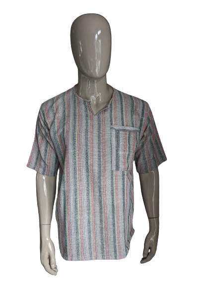 Vintage-Shirt/Polo mit Mao/Stehkragen. Gelbgrün gestreift. Größe XL.