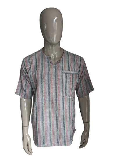 Vintage-Shirt/Polo mit Mao/Stehkragen. Gelbgrün gestreift. Größe XL.