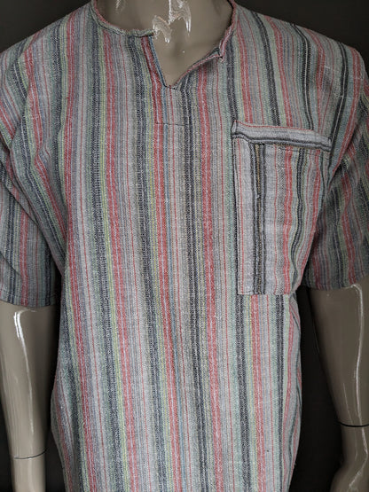 Vintage-Shirt/Polo mit Mao/Stehkragen. Gelbgrün gestreift. Größe XL.