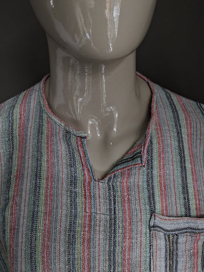 Vintage-Shirt/Polo mit Mao/Stehkragen. Gelbgrün gestreift. Größe XL.