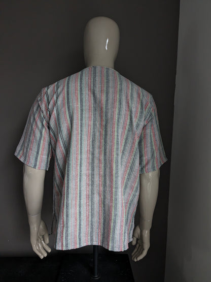 Vintage-Shirt/Polo mit Mao/Stehkragen. Gelbgrün gestreift. Größe XL.