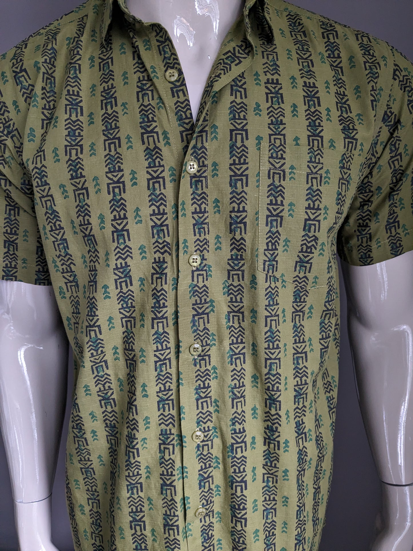 Aarong Batik overhemd korte mouw. Groen zwarte print. Maat M.