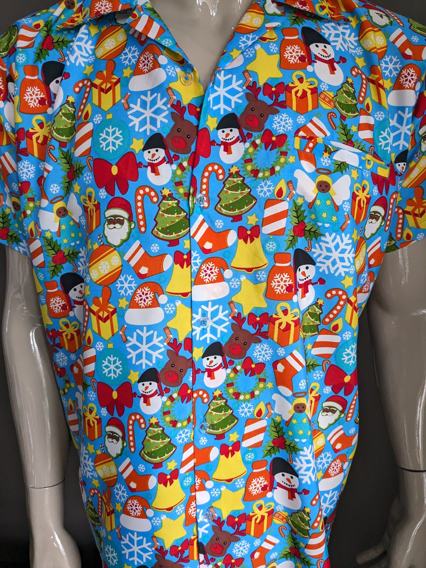 King Kameha overhemd korte mouw. Kerst / winter print. Maat L / XL.