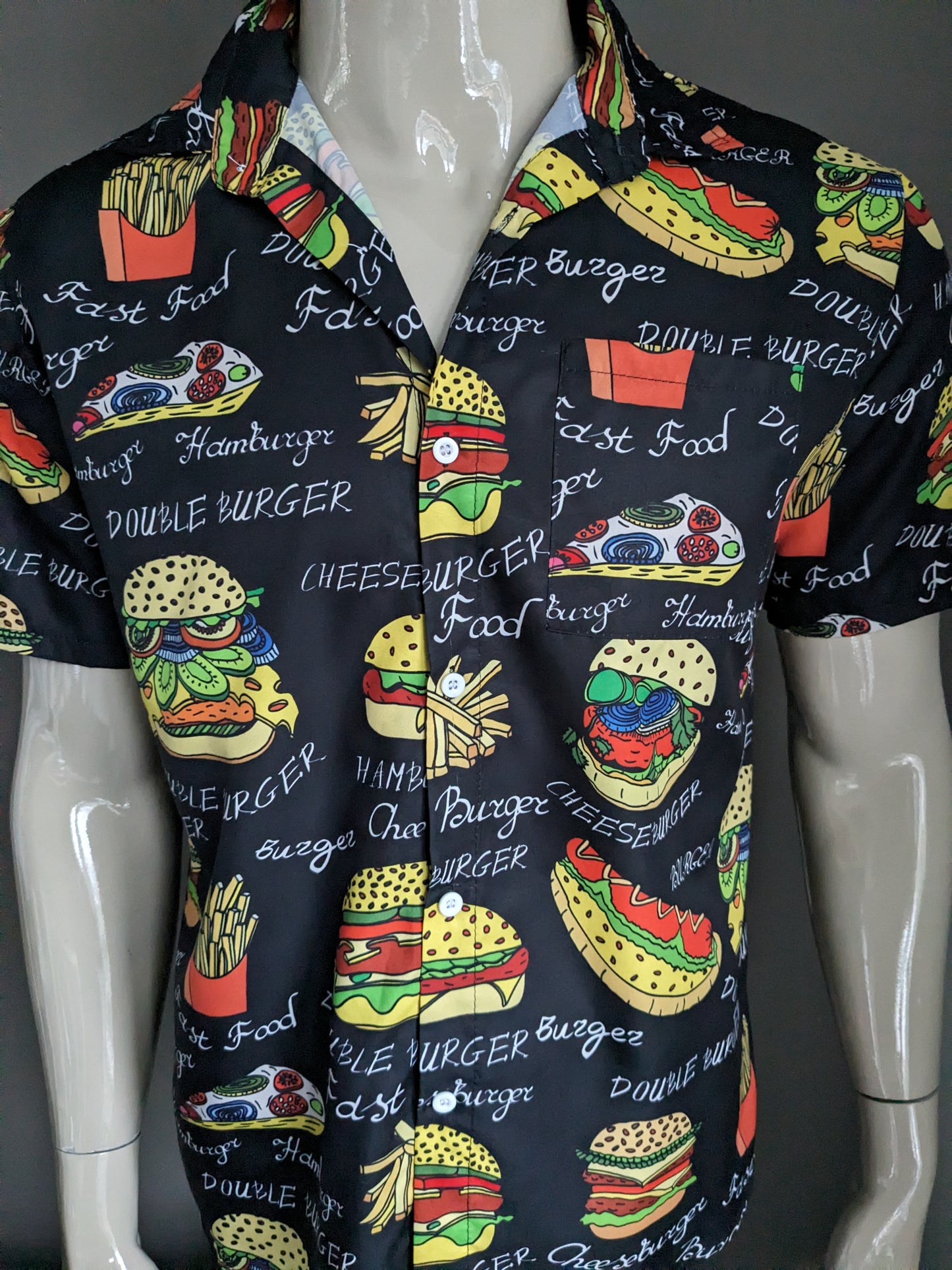 Incerun overhemd korte mouw. Leuke Fast food print. Maat M.