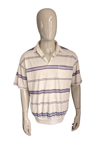 Vintage Canda Polo with elastic band. Beige white lilac striped. Size XL / XXL.
