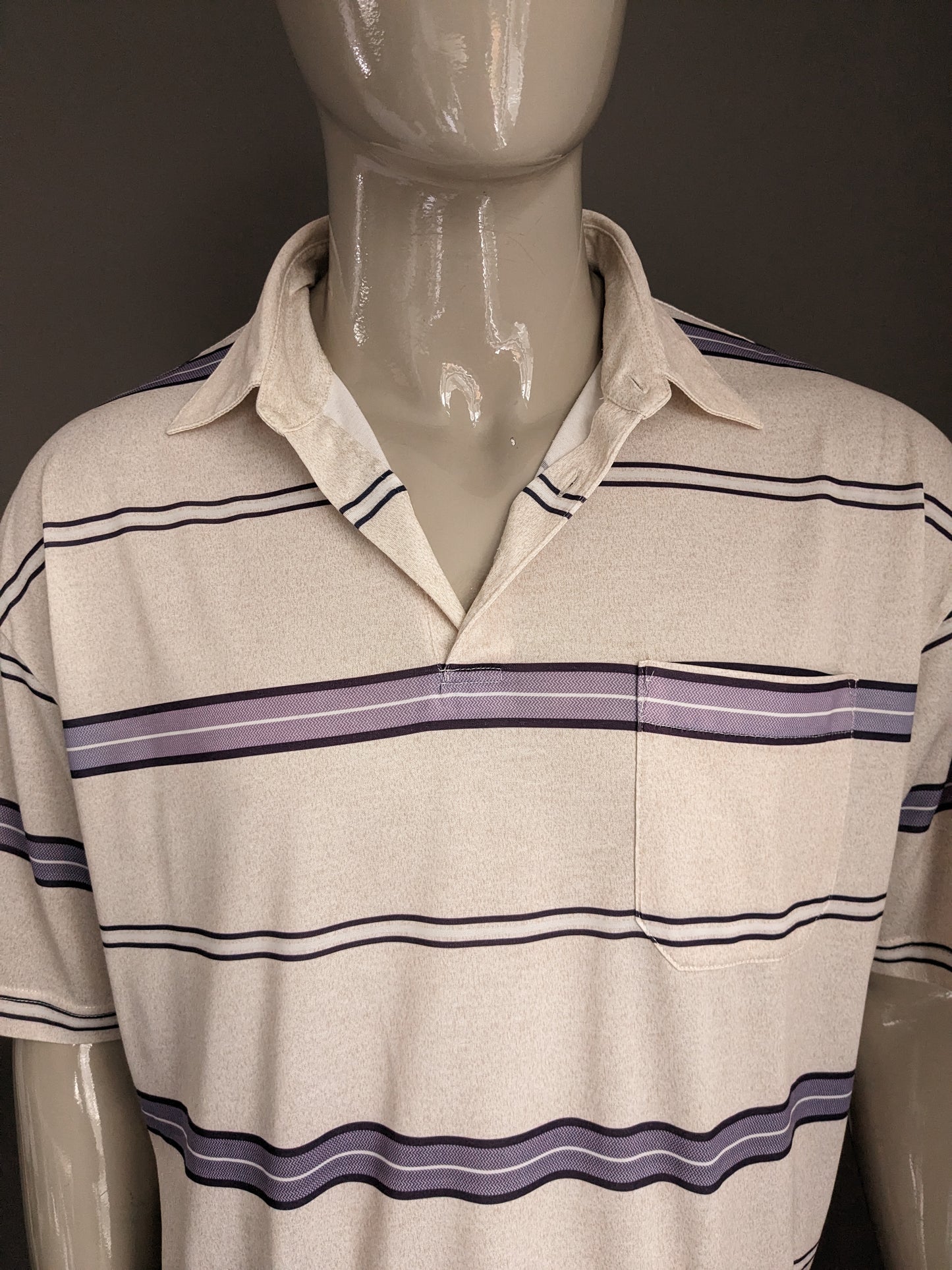 Vintage Canda Polo with elastic band. Beige white lilac striped. Size XL / XXL.