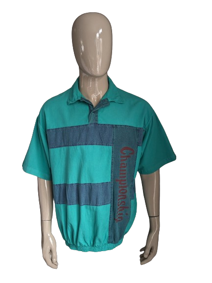 Vintage polo with elastic band. Green blue with print. Size XL.