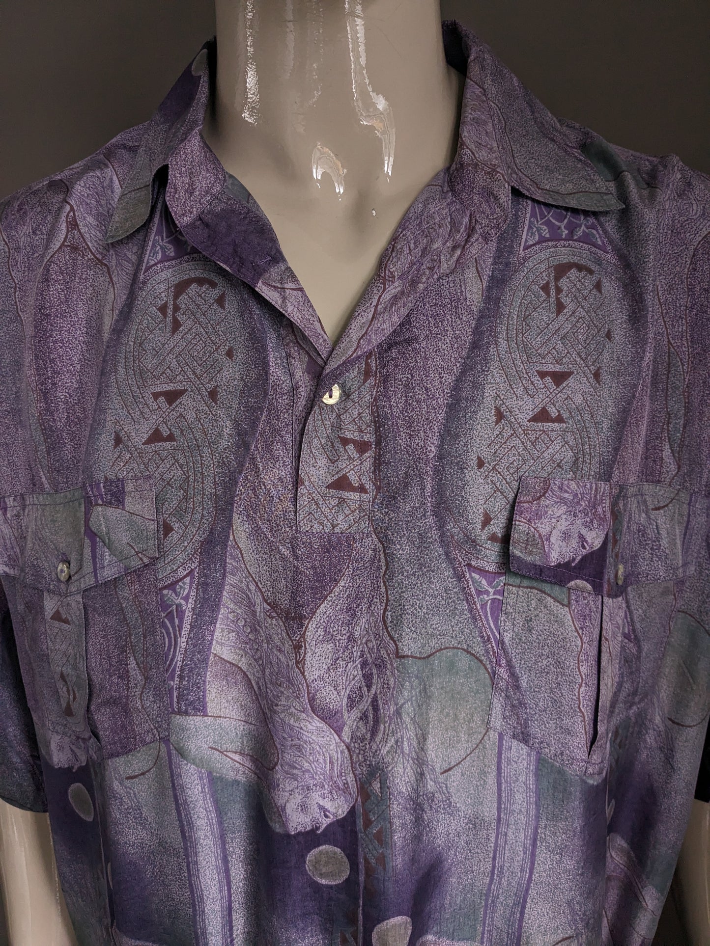 Vintage silk polo with elastic band. Purple brown green print. Size 3XL.