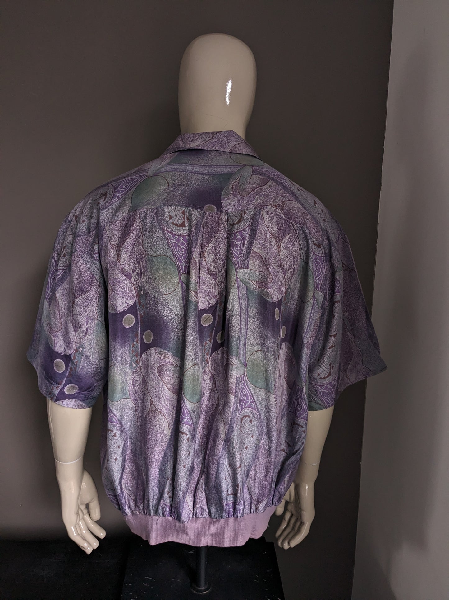 Vintage silk polo with elastic band. Purple brown green print. Size 3XL.