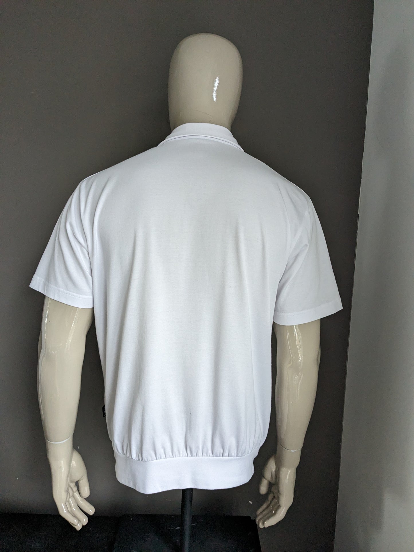 Polo Hajo vintage con fascia elastica. Bianco con stampa. Taglia L / XL.