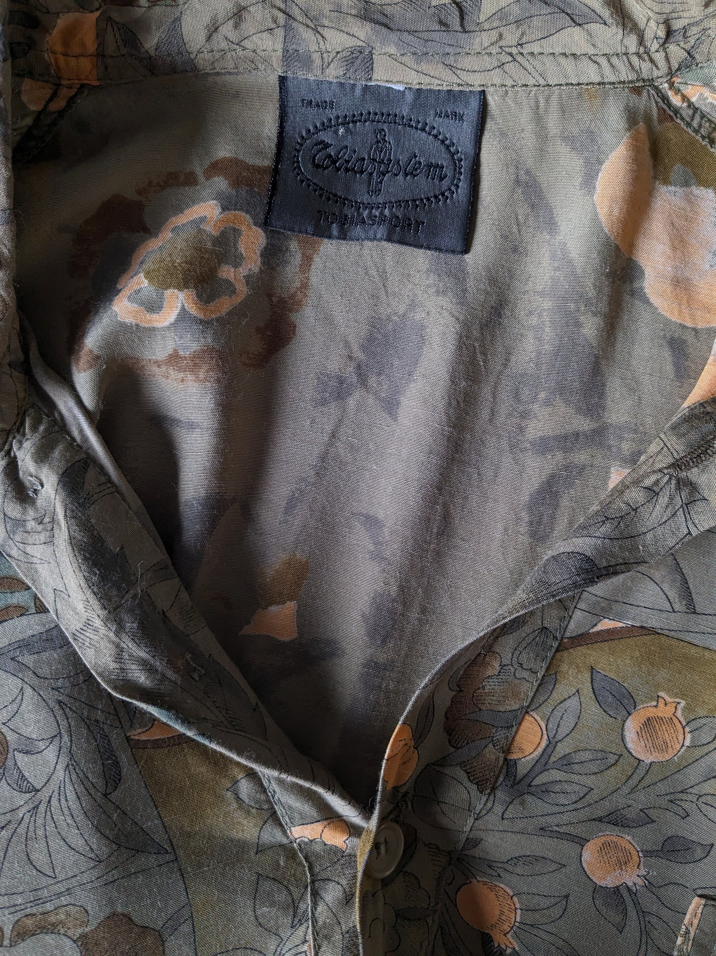 Sleeve corta da camicia da tobias vintage. Fiori arancioni verdi Stampa. Dimensione L. viscosa.