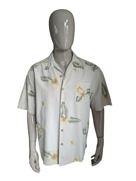 Giamaica jaxx Shirt corta hawaii originale. Silk con fiori verde giallo beige stampata. Taglia XL.