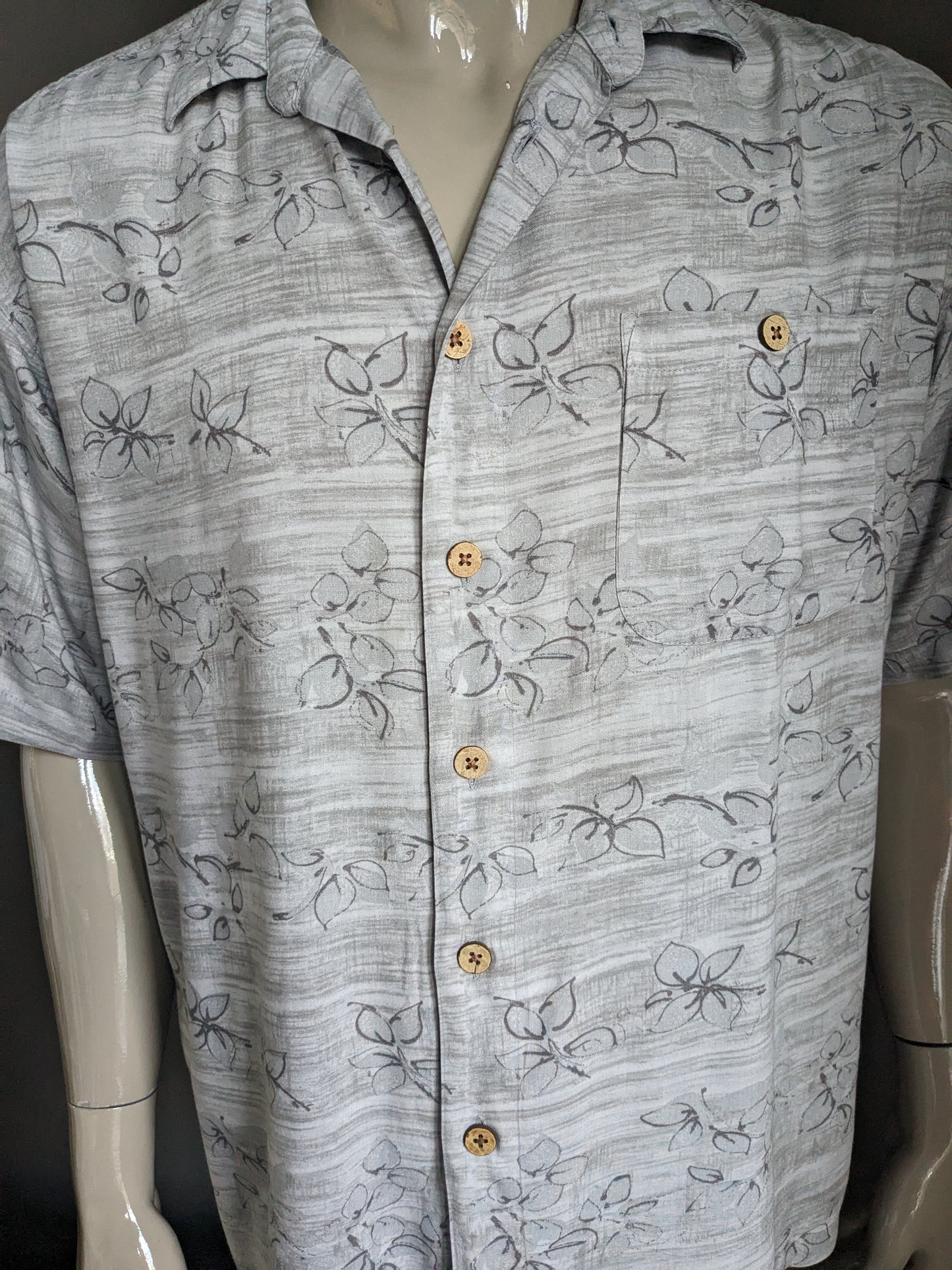M.E. Sport Hawaii overhemd korte mouw. Grijs bruine print. Maat XL. Viscose / Rayon