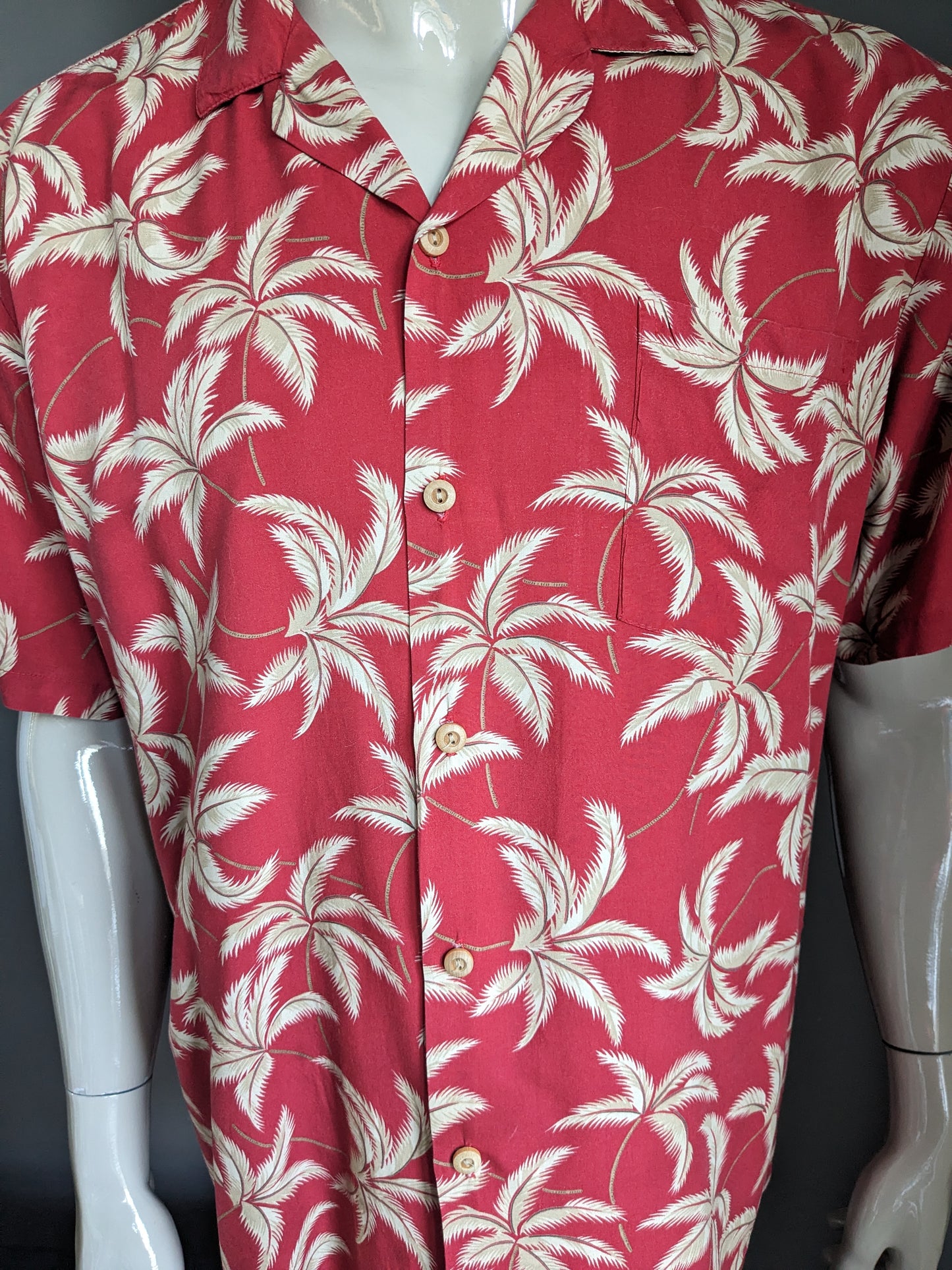 Paradise encontró la camisa de Hawai original manga corta. Impresión beige roja. Tamaño xxl / 2xl