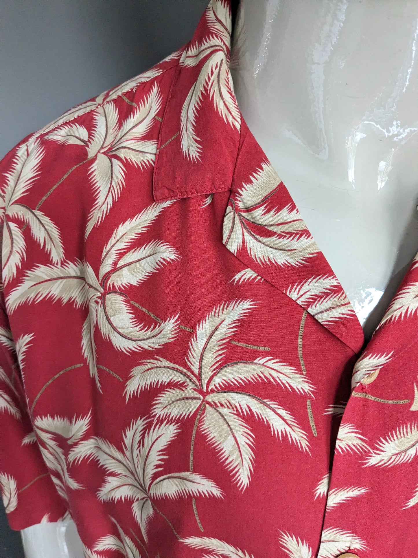 Paradise Found origineel Hawaii overhemd korte mouw. Rood beige print. Maat XXL / 2XL