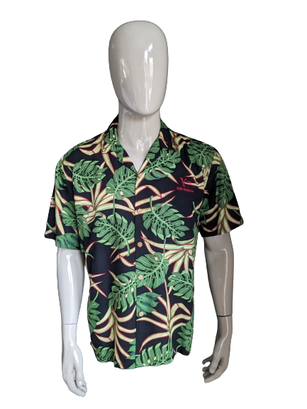 Banana Jack Original Hawaii Shirt Short Sleeve. Black green red print. Size XL. Rayon / viscose