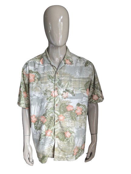 Origineel zijden Tommy Bahama Hawaii overhemd korte mouw. Groen beige roze print. Maat XL / XXL. 90% zijde.