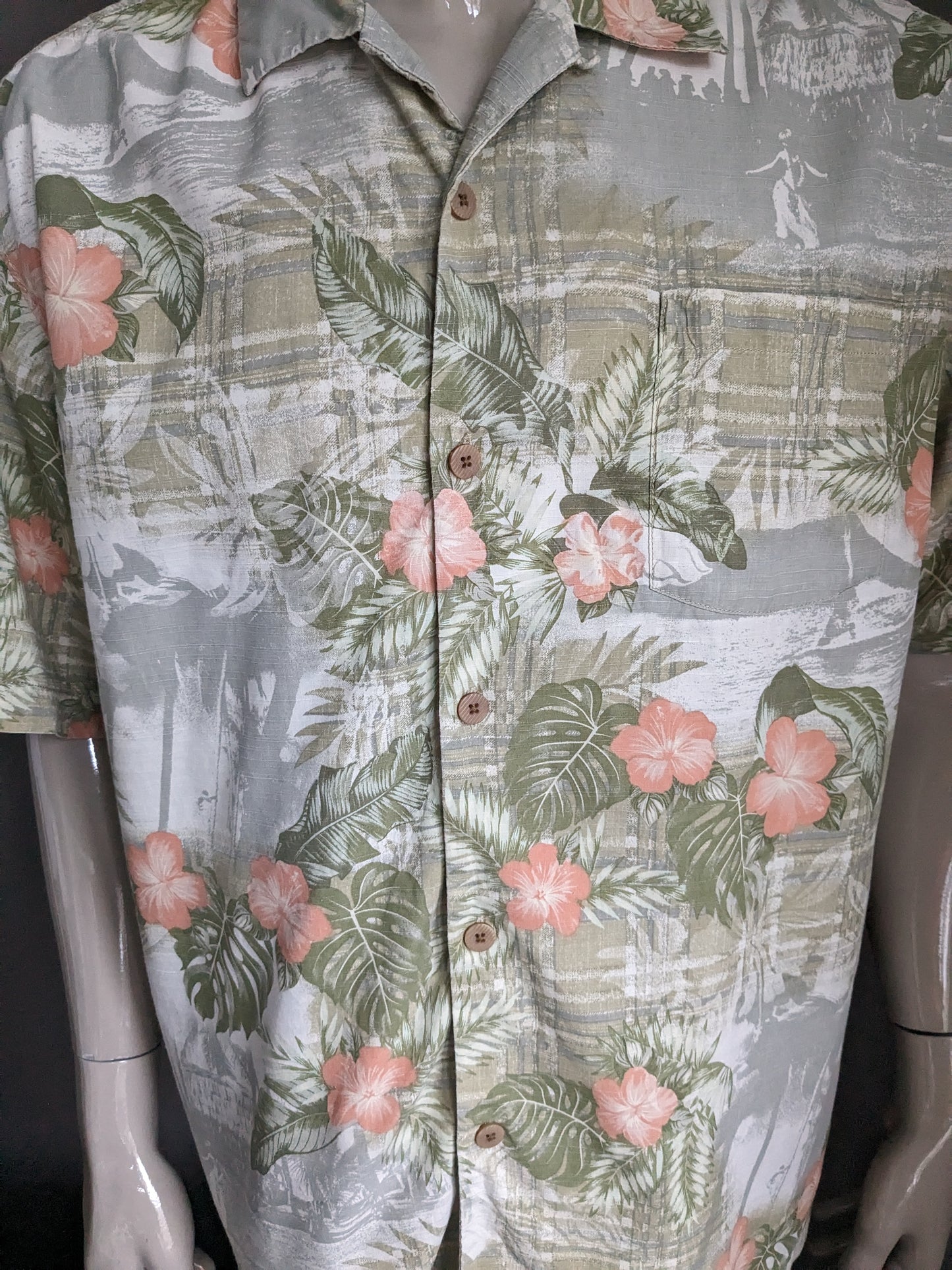 Silk Tommy Bahama Hawaii Camisa de manga corta. Impresión rosa beige verde. Tamaño XL / XXL. 90% de seda.