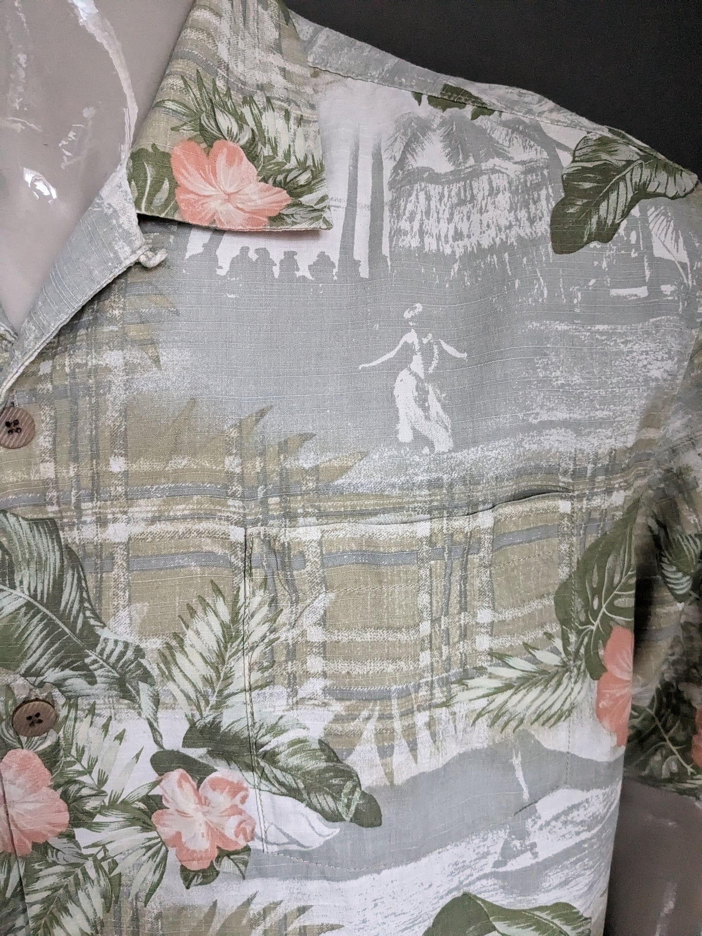 Silk original Tommy Bahama Hawaii Shirt Short Sleeve. Impression rose beige vert. Taille xl / xxl. 90% de soie.