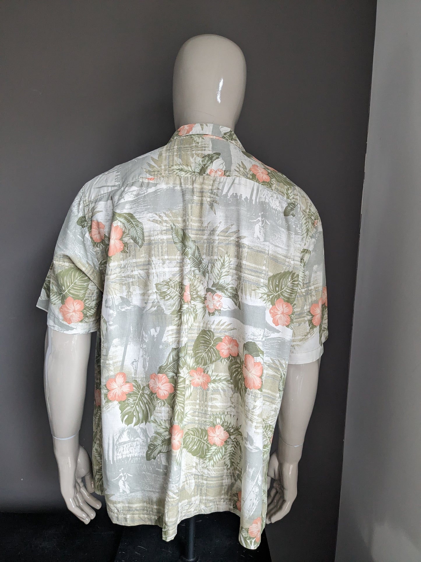 Silk di seta originale Tommy Bahama Shirt corto. Stampa rosa beige verde. Dimensione XL / XXL. 90% di seta.
