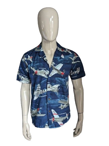 RJC origineel Hawaii overhemd korte mouw. Blauw groen witte print. Maat M. Made in Hawaii.