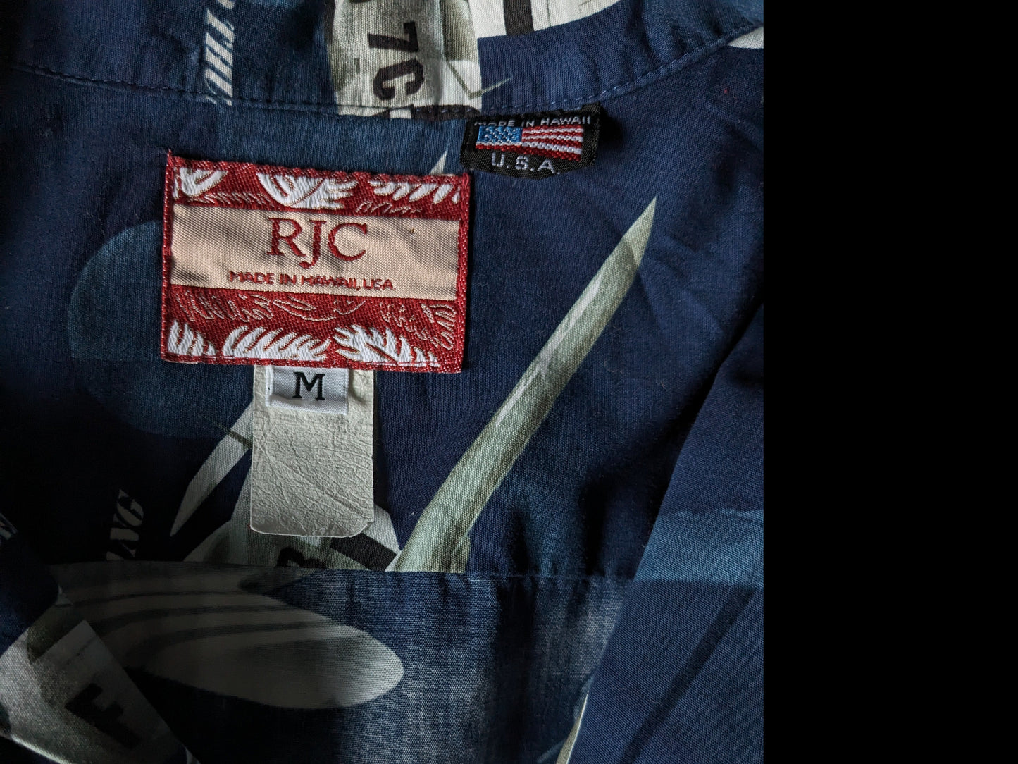 RJC Original Hawaii Shirt Short Sleeve. Impression blanc vert bleu. Taille M. Made à Hawaï.