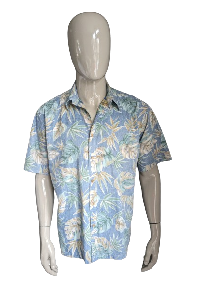Cook Street Honolulu Original Hawaii Shirt Kurzarm. Blaues beige grünes Blattmotiv. Größe L / XL.