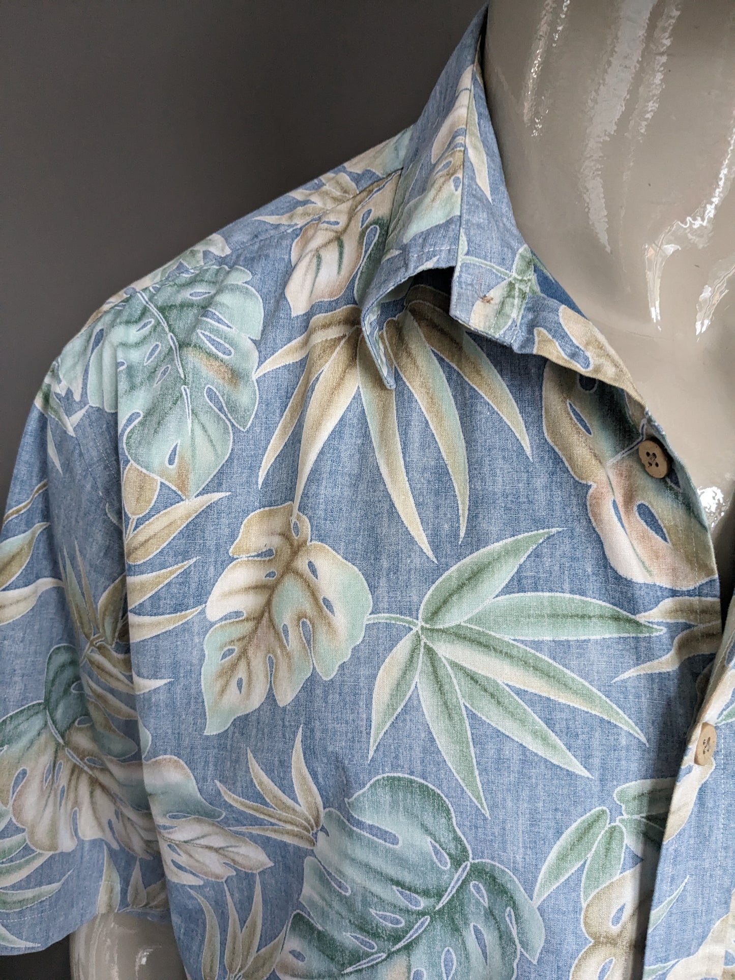 Cook Street Honolulu origineel Hawaii overhemd korte mouw. Blauw beige groen bladmotief. Maat L / XL.