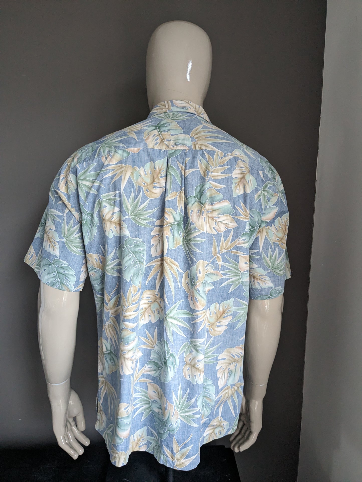 Cook Street Honolulu origineel Hawaii overhemd korte mouw. Blauw beige groen bladmotief. Maat L / XL.