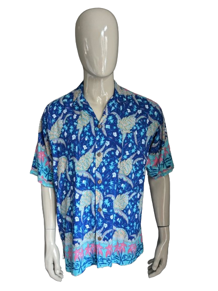 Rainbow Jo Maui Shirt corta hawaii originale. Stampa verde rosa arancione blu. Taglia XL.